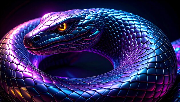 Close-up of a coiled, iridescent snake