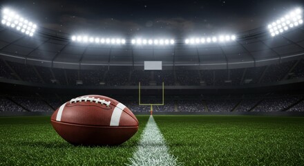 American football resting on field in illuminated stadium ready for kickoff