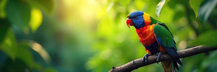 Obraz premium A vibrant parrot perched on a branch, asleep amidst lush tropical foliage, dreaming of exotic adventures Sunlight filters through the leaves, casting dappled shadows , wings, parrot