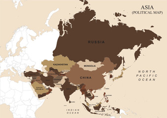 Fototapeta premium Asia Political Map Vector in Brown Color with Geographic Borders
