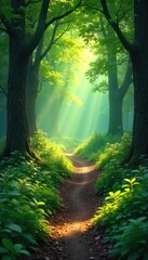 Obraz premium Sun-dappled forest path, lush green foliage, dappled light filtering through the canopy, creating a magical atmosphere Perfect for fantasy, nature, and fairytale projects , nature, landscape, trees