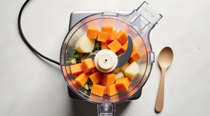 Chopped Vegetables Inside Food Processor.