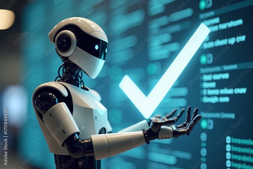 Leinwandbilder visualizing automation: humanoid ai robot with check mark symbol and digital survey form