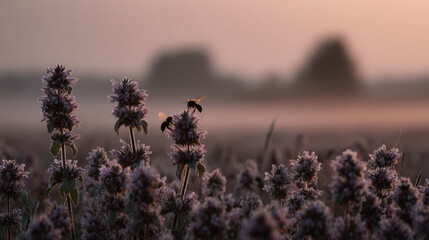 breathtaking dawn breaks over vast flower field alive with buzzing bees and dewdrops glistening under rising sun