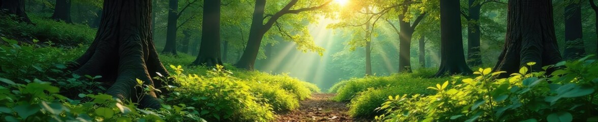 Fototapeta premium Sun-dappled forest floor, lush green foliage, towering trees casting shadows Tranquil woodland scene perfect for nature, environment, and conservation themes , forestry, sunlight, forest