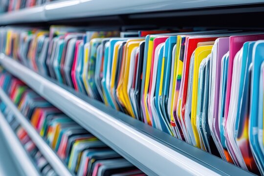 A vibrant collection of colorful files neatly organized on shelves, showcasing a spectrum of colors and textures in a modern storage environment.