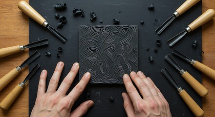  hands carefully carving a complex pattern into a linoleum block for printmaking. The dark surface contrasts with the lighter carved lines, and the tools are arranged around the block.