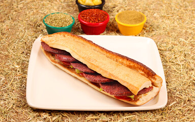 a sandwich with sausage, vegetables,fresh bread, peppers and spices,big close up view