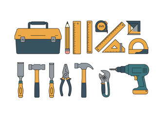 An array of carpenters tools is displayed on a white background