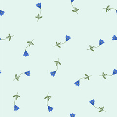 Flowers vector seamless pattern with bluebell and harebell. Hand-drawn botanical illustration, perfect for fabric textile design and backgrounds.