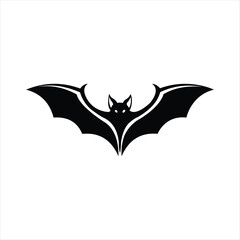 Black silhouette of a bat with outstretched wings on a white background Keywords: bat, silhouette, animal, flying, wings, outstretched, black, white, isolated, creature, nocturnal