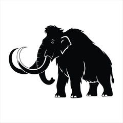 Black silhouette of a woolly mammoth with large tusks and shaggy fur on a white background Keywords: mammoth, elephant, prehistoric, animal, extinct, woolly, tusk, tusks, shaggy, fur