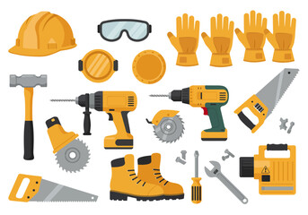 Construction tools and safety gear are neatly arranged on a white backdrop