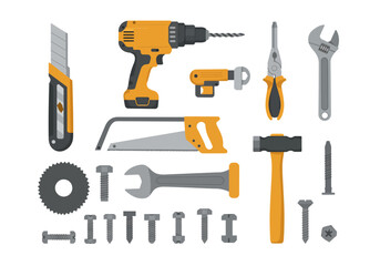 Construction tools arranged in a neat layout on a white background