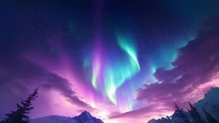 Northern lights over a snowy mountain landscape with pine trees. - Powered by Adobe