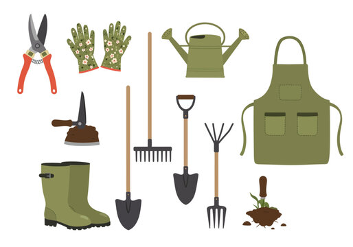 Gardening tools pruner gloves watering can apron boots shovels rakes - Powered by Adobe