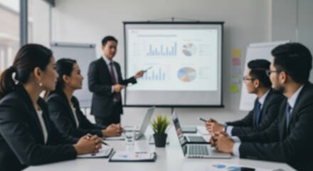 Blurred Vision: Corporate team review presentation financial insights during meeting