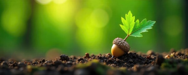 Vibrant green oak leaves sprout from a tiny acorn, symbolizing new growth and the circle of life in nature Perfect for springtime, environmental, and botanical themes , macro, life cycle