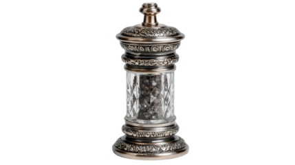 Ornate, cylindrical pepper mill with glass sections