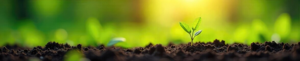 Vibrant green shoots emerge from rich soil, sunlight illuminating new growth in a lush springtime meadow, signifying renewal and rebirth ,  flora,  stems,  ecology