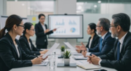 Blurred vision of leadership presenting company performance charts to team