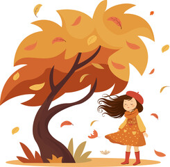 Vector clipart illustration of autumn scene with a girl in orange dress, beret, scarf and boots standing under a tree in the wind with flying hair and falling leaves. Transparent background