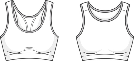 Modern seamless sports bra fashion flat sketch front and back view, activewear lingerie illustration, women underwear clothing design template vector