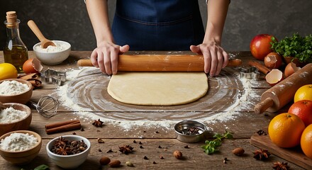 hands rolling out a sheet of dough on a floured, rustic wooden table.Various baking tools and fresh ingredients like spices,herbs,fruit are artfully arranged in the background.The scene is bright, war