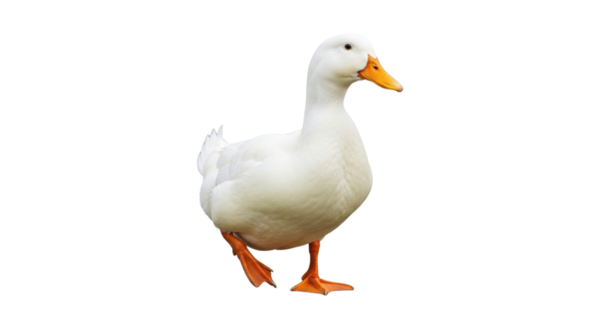 Isolated domestic pekin duck standing with orange webbed feet, natural daylight, waterfowl