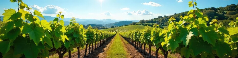 Fototapeta premium Sun-Drenched Vineyard Hillside Ready for Harvest Lush Green Grapevines Under a Clear Blue Sky, Picturesque Autumn Landscape