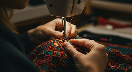 a pair of hands sewing a complex pattern with a needle and thread on a piece of vibrant, embroidered fabric. The focus is sharp on the stitching, with a blurred background of a cozy sewing studio.