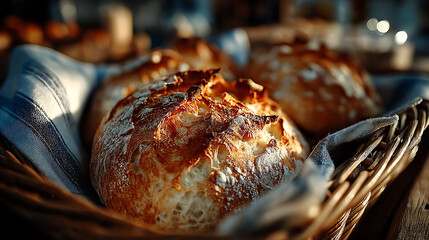 A loaf of warm, golden bread on a wooden cutting board