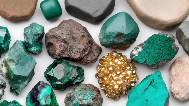 A collection of green minerals and crystals, including emeralds and malachite, with a gold pyrite cluster.