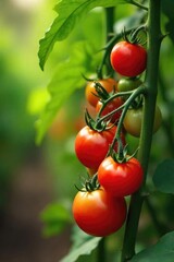 Vibrant red ripe tomatoes growing on the vine, lush green leaves, organic farming, healthy vegetables Perfect for cooking, salads, and sauces , plant-based, vitamin, farm