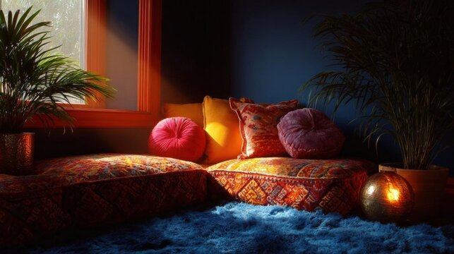 Cozy living room with a window on the left side. the window has orange curtains and is letting in natural light. on the right side of the window, there is a large potted plant with long green leaves.