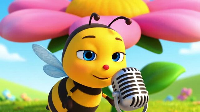 Cute cartoon bee character singing with a classic microphone in a vibrant animated garden ideal for childrens educational content and cheerful videos