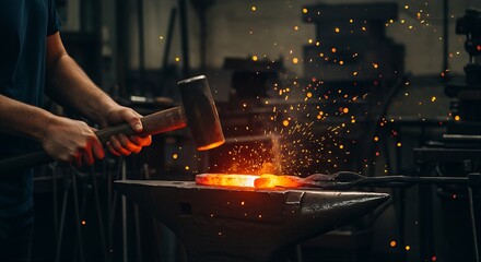 hands hammering hot, glowing metal on an anvil with a heavy mallet.Sparks fly dramatically illuminated by the bright heat of the forge.The background is a dark,industrial workshop with blurred tools.