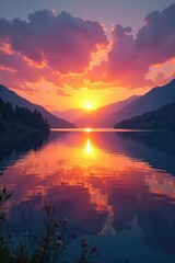 Vibrant sunrise over a tranquil lake, reflecting the calm and serenity of wellbeing Perfect for wellness, mindfulness, and mental health themes , nature therapy, environment