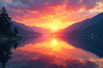 Vibrant sunrise over a tranquil lake, reflecting the peaceful and healthy aspects of wellbeing  Perfect for wellness, mindfulness, and healthy lifestyle concepts ,  mindfulness,  well-being