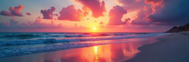 Vibrant sunset paints the sky with fiery oranges and pinks, reflecting on calm ocean waves at a tranquil beach Perfect for travel, vacation, or relaxation themes , orange, peaceful, sky