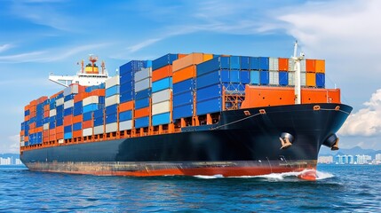 Fototapeta premium Global Trade in Motion: Massive Sea Logistics Container Cargo Ship – A Large Cargo Vessel Laden with Stacked Shipping Containers (Blue, Red, Yellow) Sailing Across the Open Sea