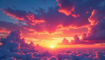 Vibrant sunset paints the sky with fiery oranges, pinks, and purples as fluffy clouds drift lazily across the horizon A breathtaking spectacle of nature's artistry , idyllic, rays