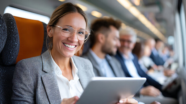 Business Traveler Enjoys Work on Tablet in Modern Train Carriage During Afternoon Commute