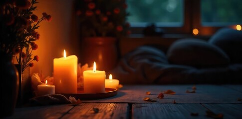 Warm, flickering candlelight illuminates a dark room, casting soft shadows and creating a cozy, intimate atmosphere Perfect for relaxation, romance, or meditation themes , shadows, relaxation