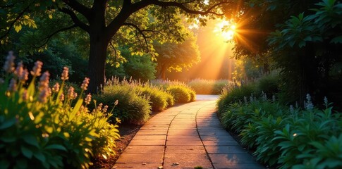Warm evening glow illuminates a garden path, casting long shadows from lush foliage Perfect for ambiance, nature, and landscape projects , nature, dark