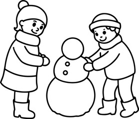 Outline Drawing of Children Building a Snowman Simple Winter Scene Vector Illustration, Kids Making Snowman Line Art Vector, Winter Fun with Snowman Outline Illustration, Playful Winter Outdoor Scene 