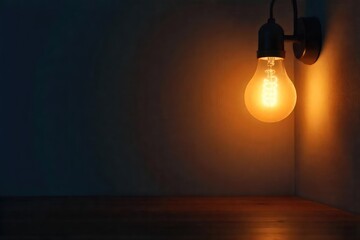 Warm, glowing light bulb illuminates a dark room, casting soft shadows on the wall Perfect for home decor, interior design, and energy efficiency concepts , design, invention, vintage