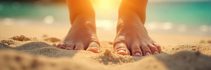Warm sunlight bathes sun-kissed toes and the soft earth; a carefree summer scene of blissful relaxation and freedom Perfect for travel, wellness, and summer themes , outdoor, feet