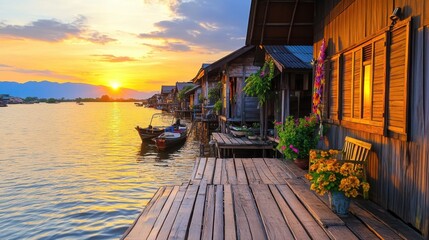 Naklejka premium A hidden Thai village near Bangkok, wooden stilt houses along the river, golden sunset glow