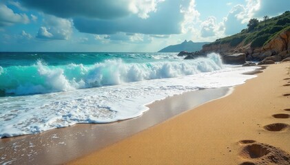 Waves relentlessly pound the shore, sculpting the sand into intricate patterns under immense pressure The raw power of nature is evident in this dramatic coastal scene , rock, vibrant, water